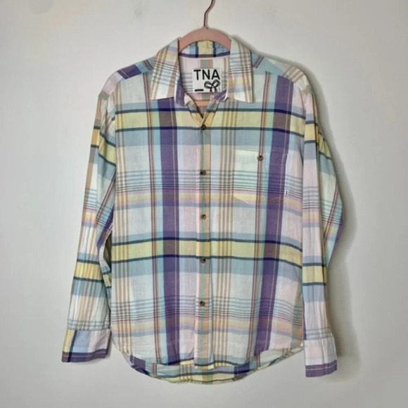 Aritzia TNA Plaid Button Down Shirt Classic Fit Yellow Purple Size Small - Picture 9 of 16